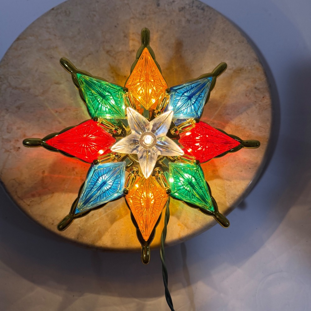 Vintage Style 8 Point Star Christmas Tree Topper 8in Multicolor Lighted Plastic
